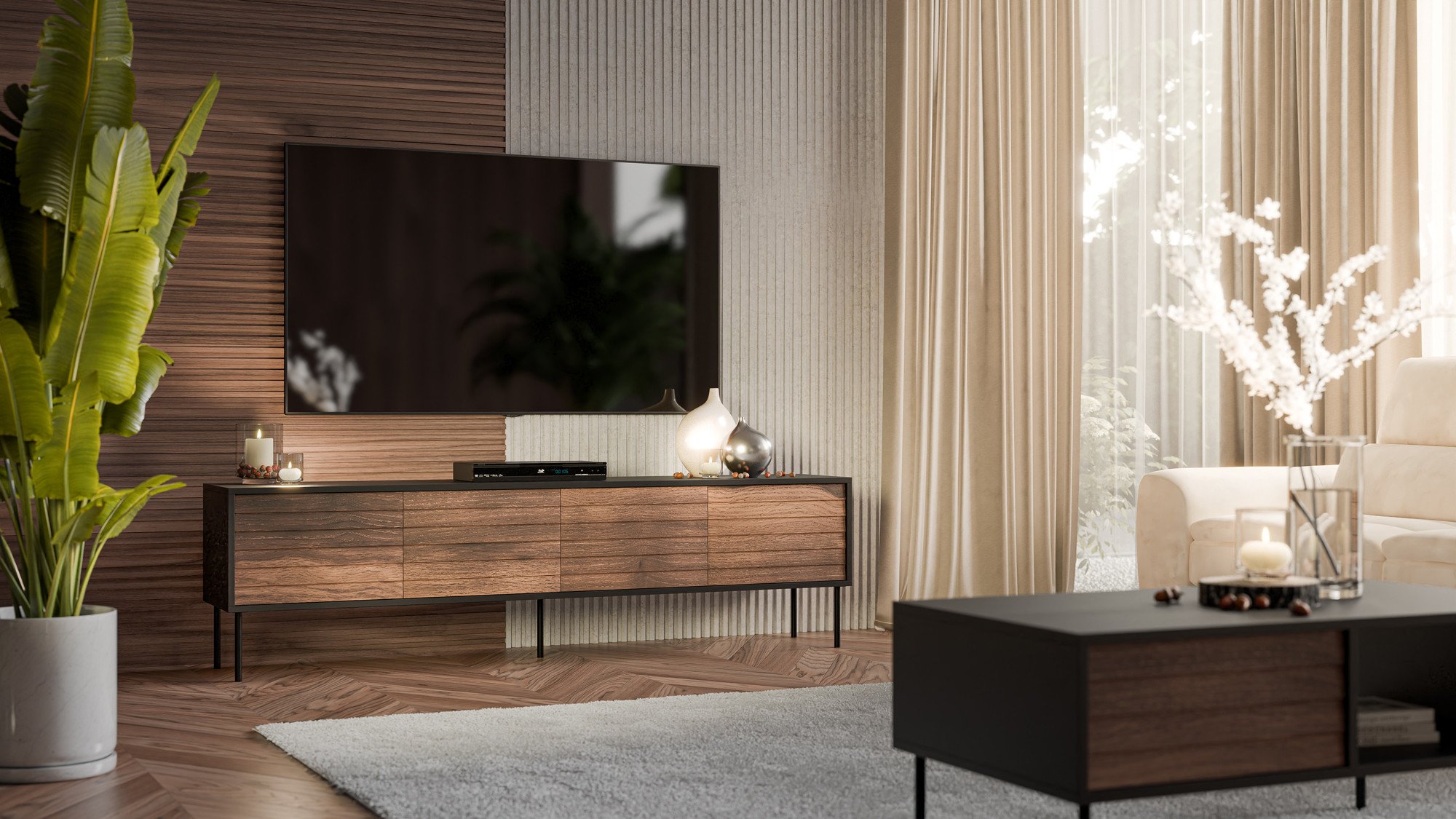 Kabinet TV Cama Meble Cortina 4D, 200x40x55 cm, e zezë dhe walnut