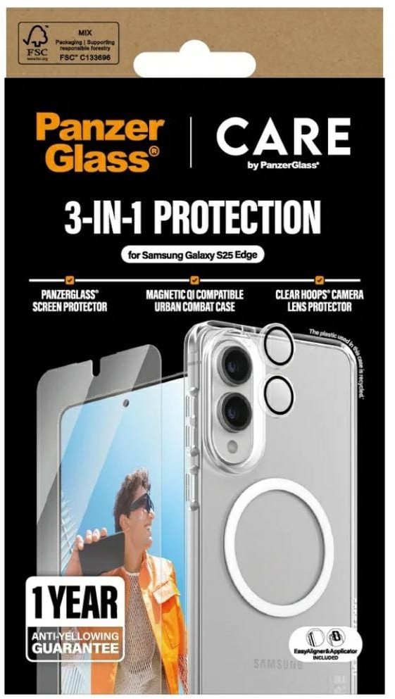 Заштитен сет CARE by PanzerGlass Flagship 3in1 за Samsung Galaxy S25 Edge, футрола заштитно стакло за леќи