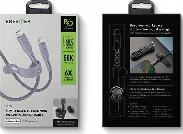 Kabllo karikimi Energea Flow USB C në Lightning, 1.5m, 60W 3A, lejla