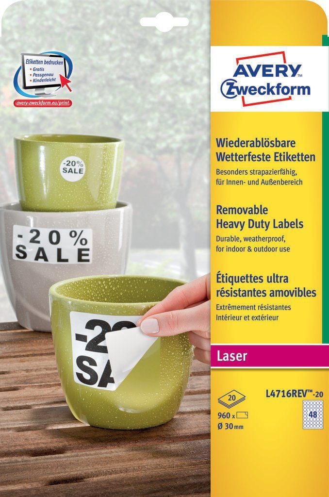 Etiketa rrethore Avery Zweckform L4716REV 20, Ø 30mm, të papërshkueshme nga uji, të bardha