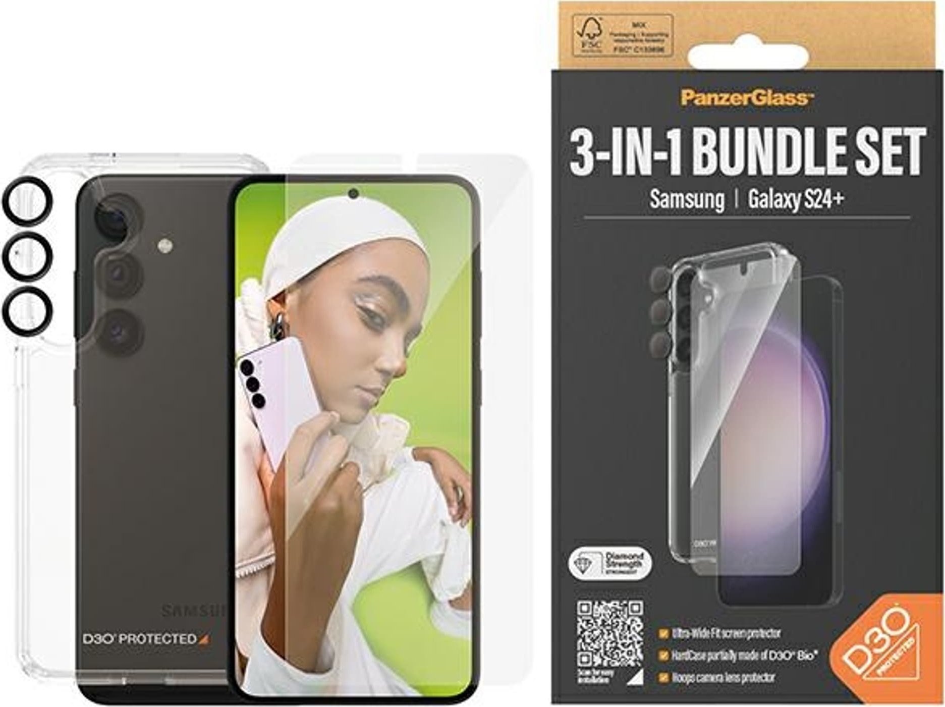 Set mbrojtës Panzerglass për Samsung Galaxy S24 Plus, 3 në 1, Ultra Wide Fit, transparent