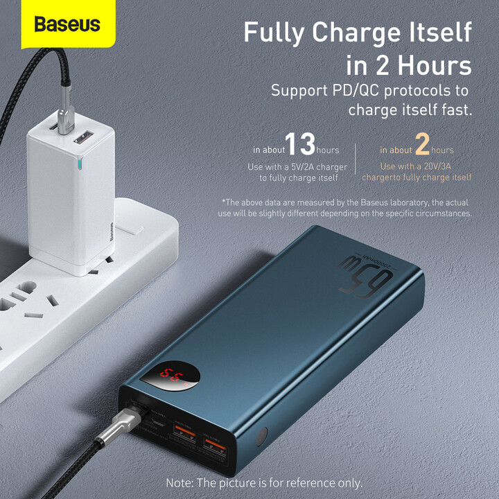 Powerbank me ekran dixhital Baseus Adaman Metal QC + PD, 20000mAh, 65W, i kaltër + kabllo USB-A/USB-C, 30cm, e zezë