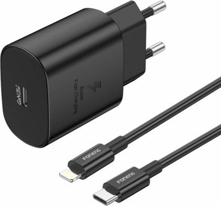 Karikues muri Foneng EU51, 25W PD GaN, USB C me kabllo Type C në Lightning, i zi