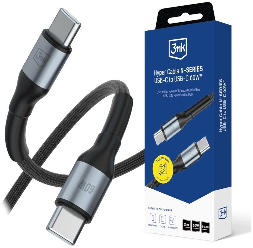 Kabllo USB C 3MK Hyper Cable N Series, USB C në USB C, 2m, 100W, e zezë