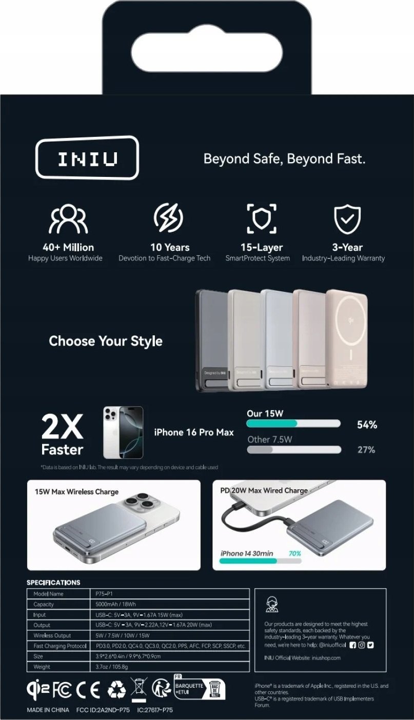 Power bank INIU MagPro Slim 5K, 5000mAh, wireless Qi2 15W, i bardhë