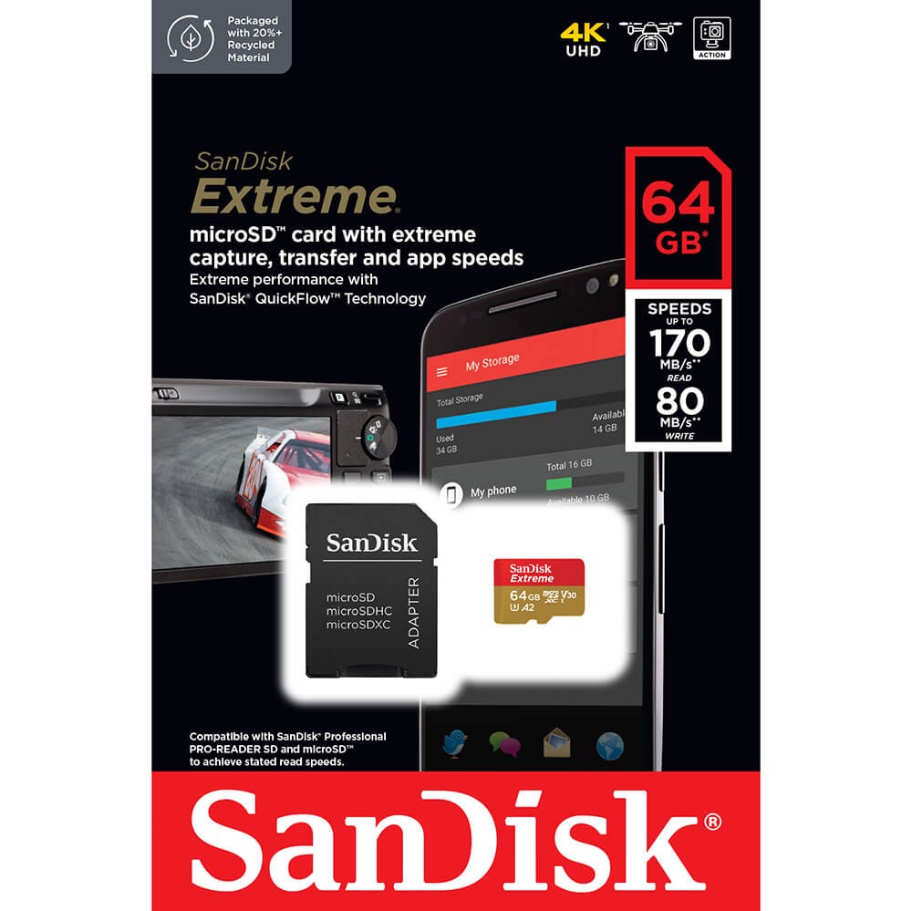 Kartë e memories SanDisk Extreme, MicroSDXC, 64 GB, Class 10 + përshtatës SD