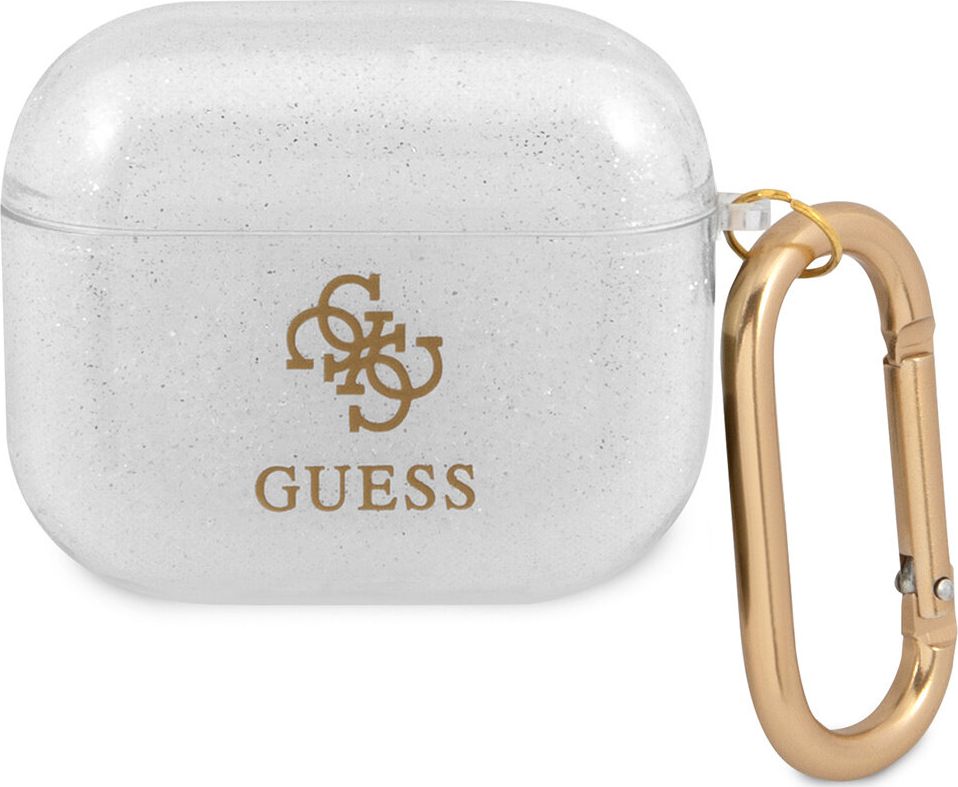Mbështjellës Guess GUA3UCG4GT për AirPods 3, koleksioni Glitter, transparent me shkëlqim, i bardhë