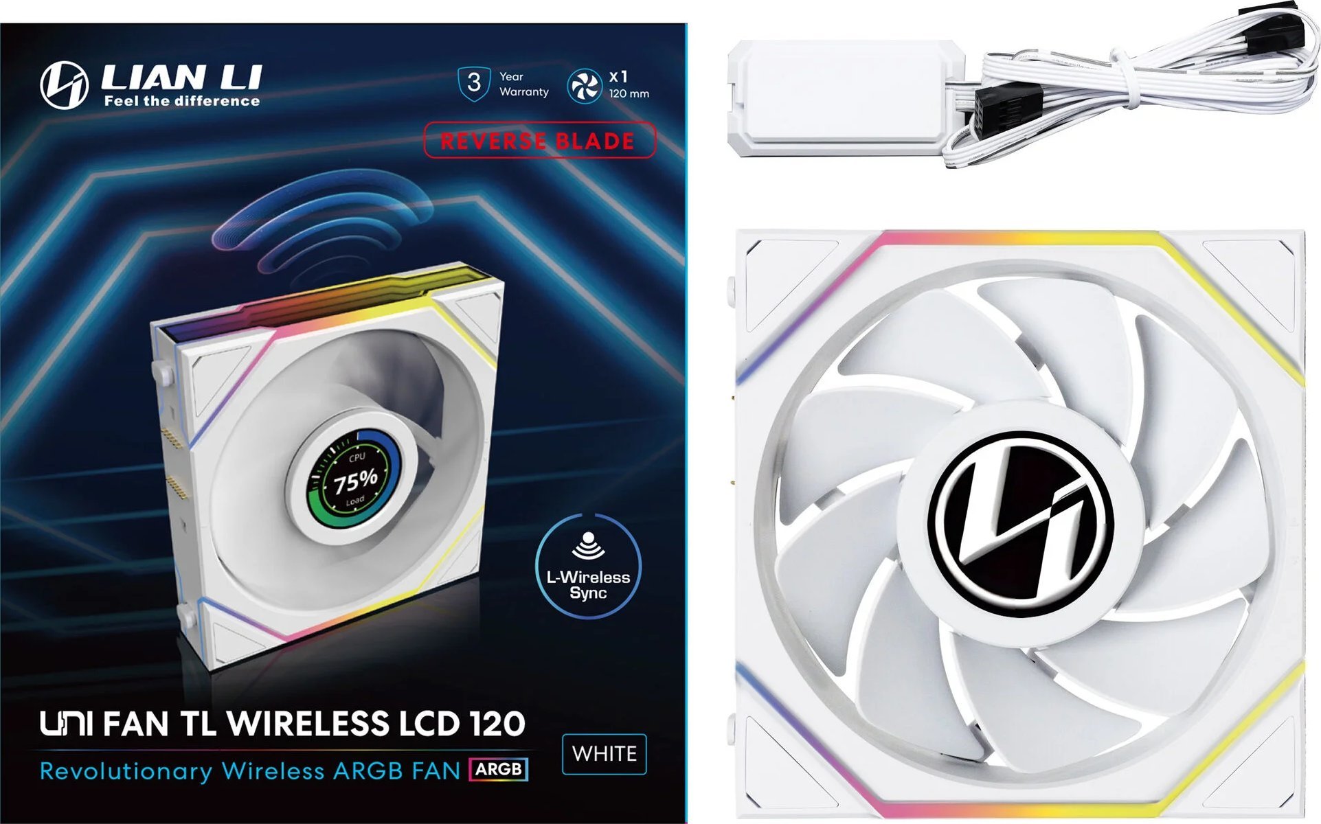 Ventilator PC Lian Li UNI TL LCD Wireless Reverse Blade 120mm, ARGB, i bardhë