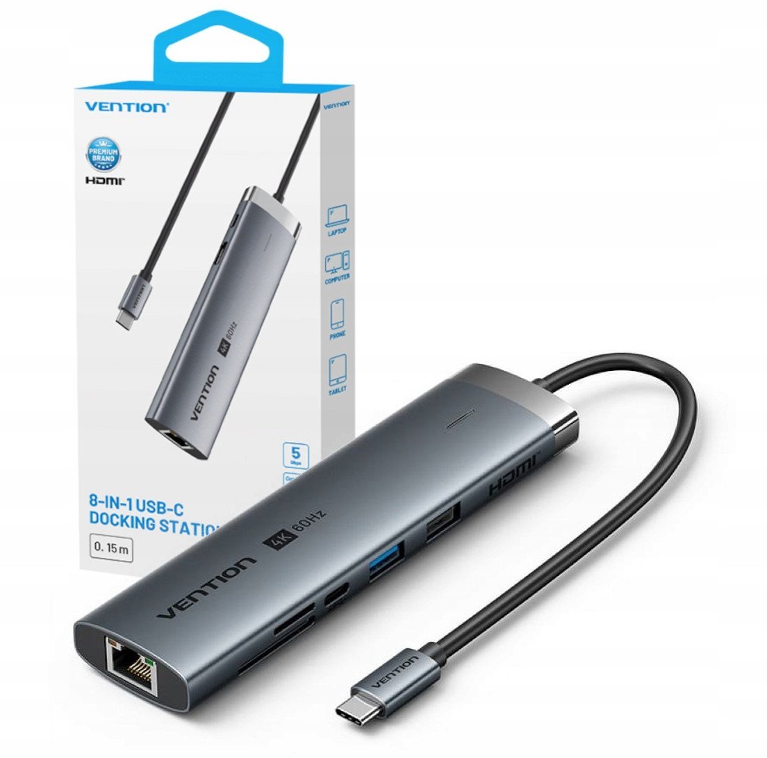 Docking station USB C Vention 8 in 1, HDMI 4K, PD 100W, gri