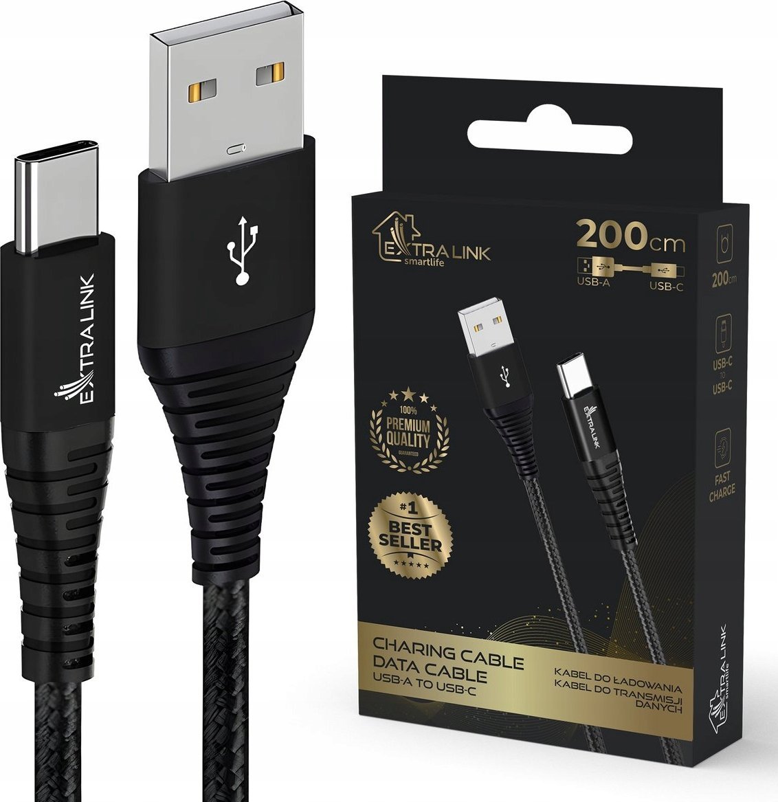 Kabllo USB Extralink USB A në USB C, 2 m, 15W 3A, e zezë