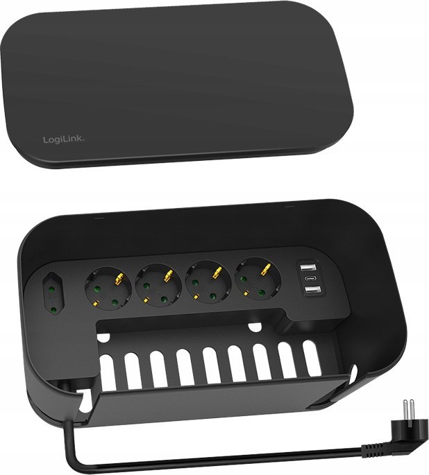 Prizë shumëfishe LogiLink, kuti ruajtëse, 4x Schuko 1x Euro, 2x USB, e zezë
