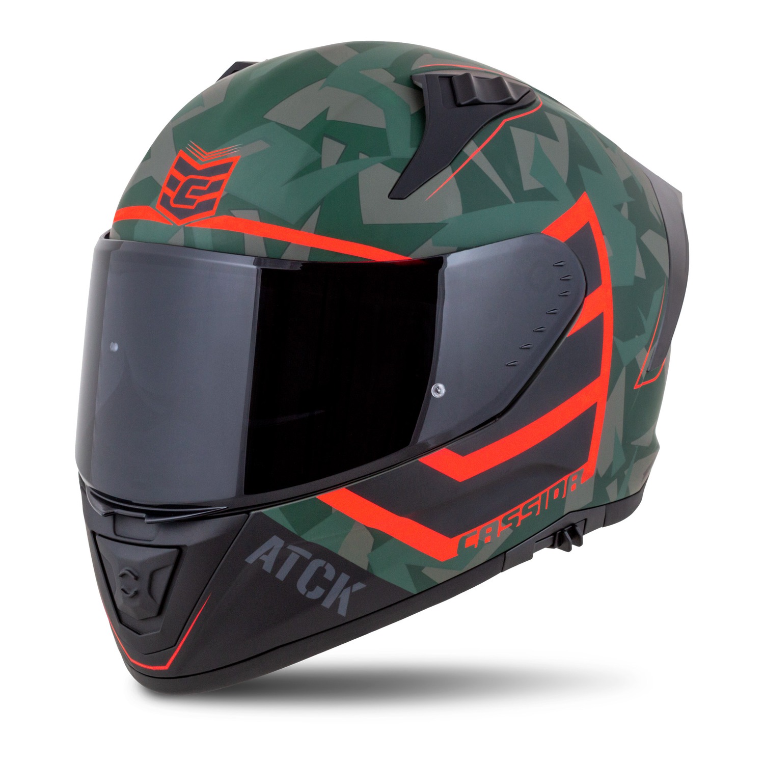 Kaska moto CASSIDA Aero ATCK 2026, integral, ECE 22.06, kamuflazh jeshile e zezë gri portokalli