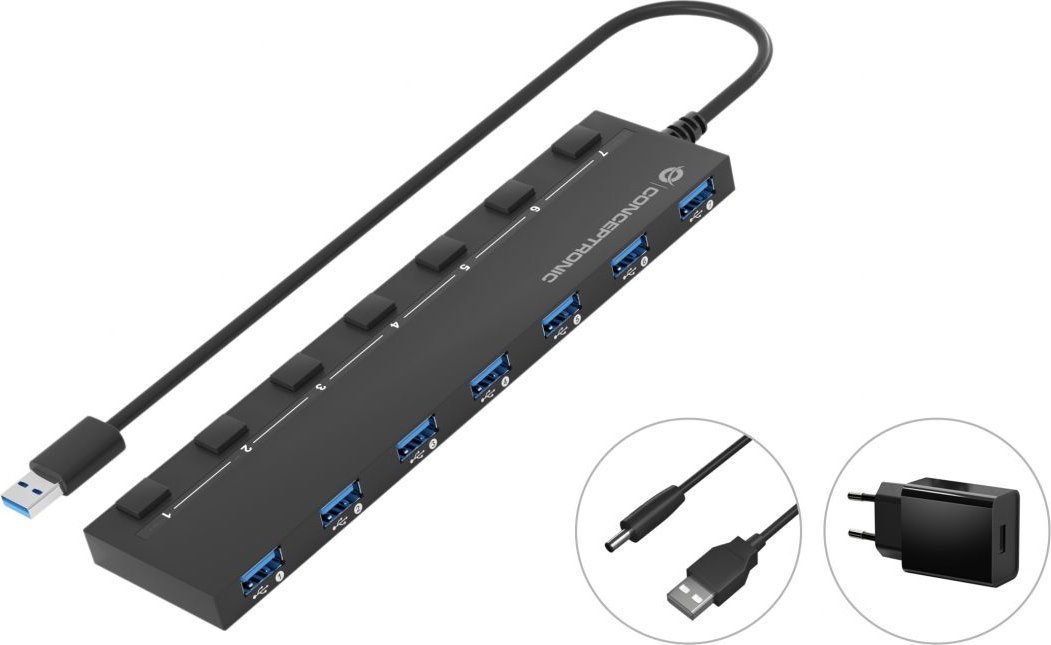USB разводник LevelOne Conceptronic HUBBIES19BP, 7 порти, USB 3.0, со адаптер за напојување