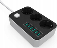 Prizë zgjatëse me 3 dalje dhe 6 porta USB, 1.8m, 2500W, e bardhë