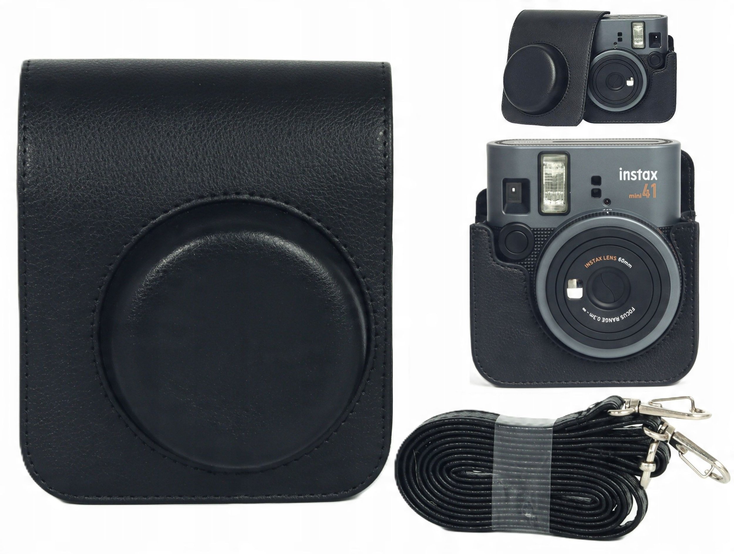 Çantë mbrojtëse LOVE INSTANT për kamera Fujifilm Instax Mini 41, lëkurë eko, me rrip, e zezë