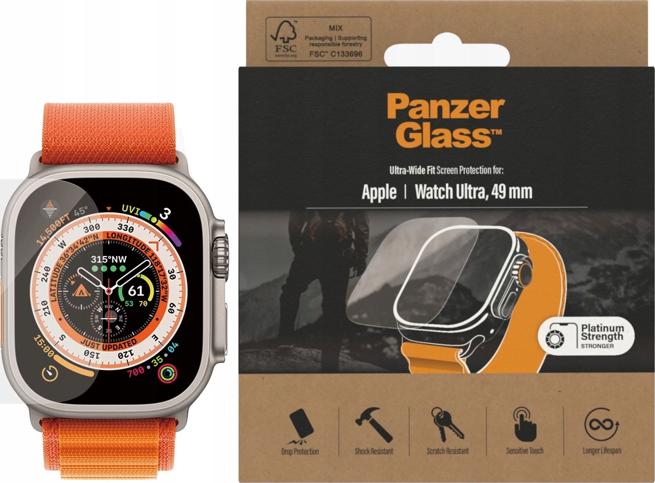 Mbrojtëse ekrani PanzerGlass për Apple Watch Ultra, xham i temperuar, 49mm, transparente