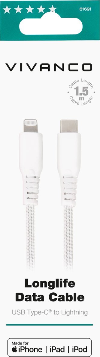 Kabllo karikimi Vivanco LongLife, USB C në Lightning, 1.5m, e bardhë