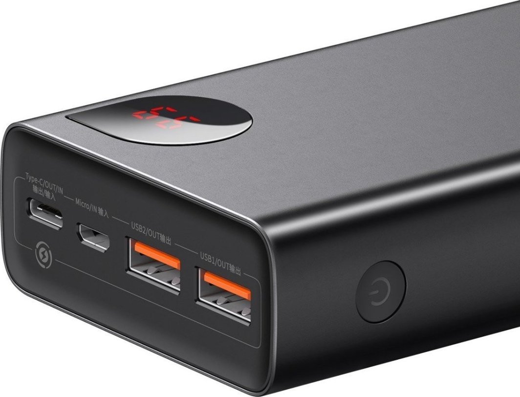 Powerbank me ekran dixhital Baseus Adaman Metal QC + PD, 20000mAh, 65W, i zi + kabllo USB-A/USB-C, 30cm, e zezë
