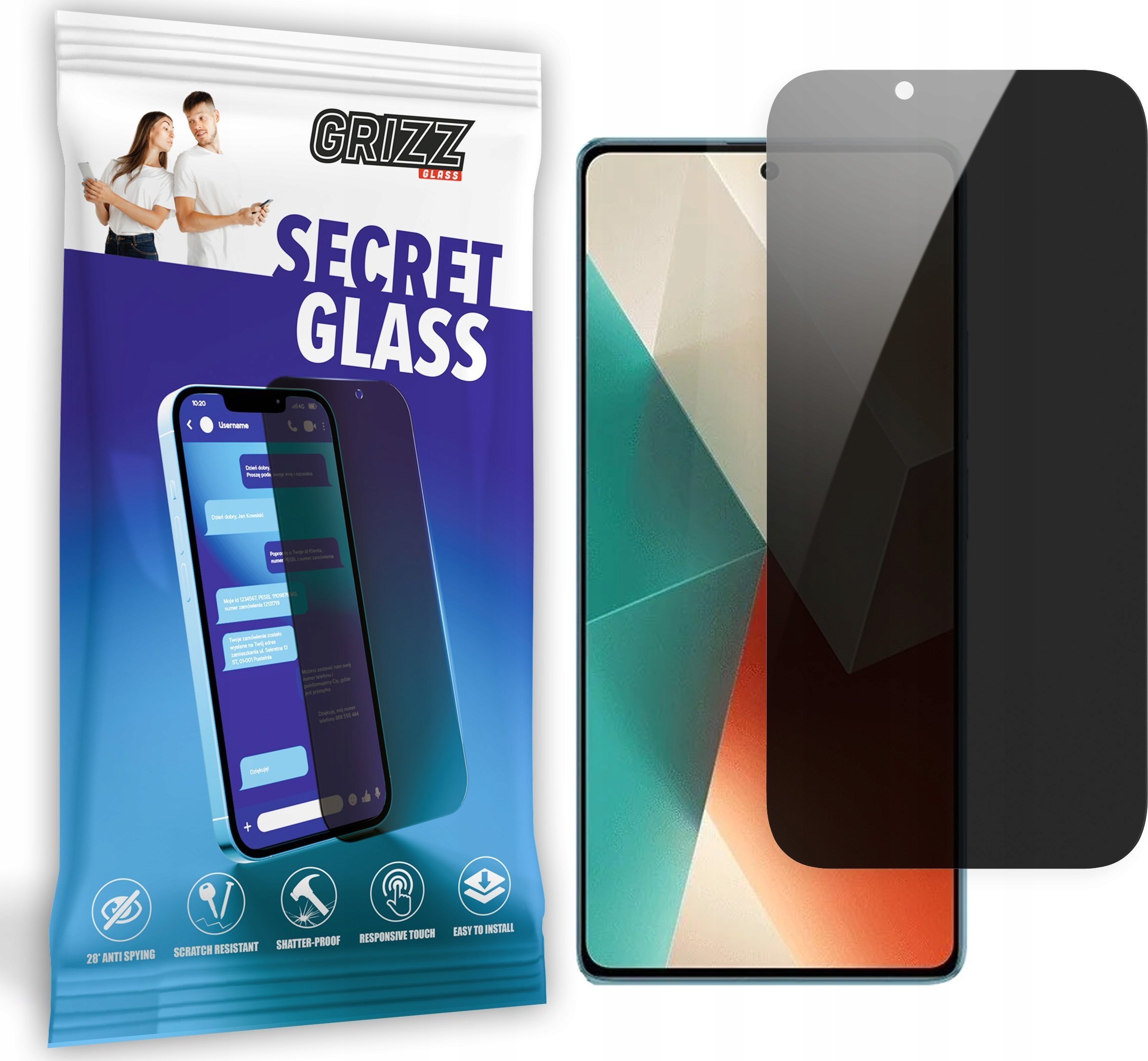 Mbrojtëse ekrani GrizzGlass Matte SecretGlass për Xiaomi Redmi Note 13 5G, xham qeramik, efekt privatësie, transparente