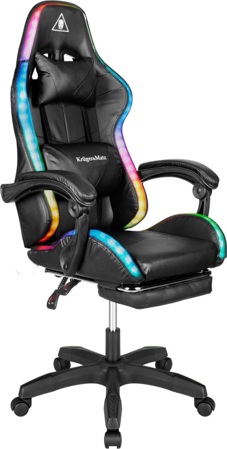 Karrige lojërash Kruger&amp;Matz Warrior, LED RGB, mbështetëse këmbësh, e zezë
