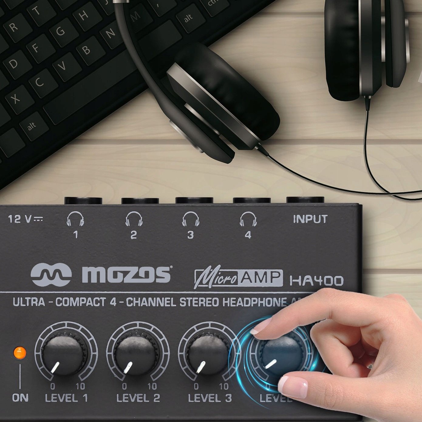 Amplifikator për kufje Mozos HA400, 4 kanale stereo, kontroll i pavarur volumesh, i zi