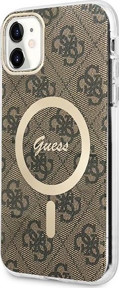 Set aksesorë Guess GUBPN61H4EACSW për iPhone 11, mbrojtëse hardcase 4G Print MagSafe, karikues wireless magnetik, kafe
