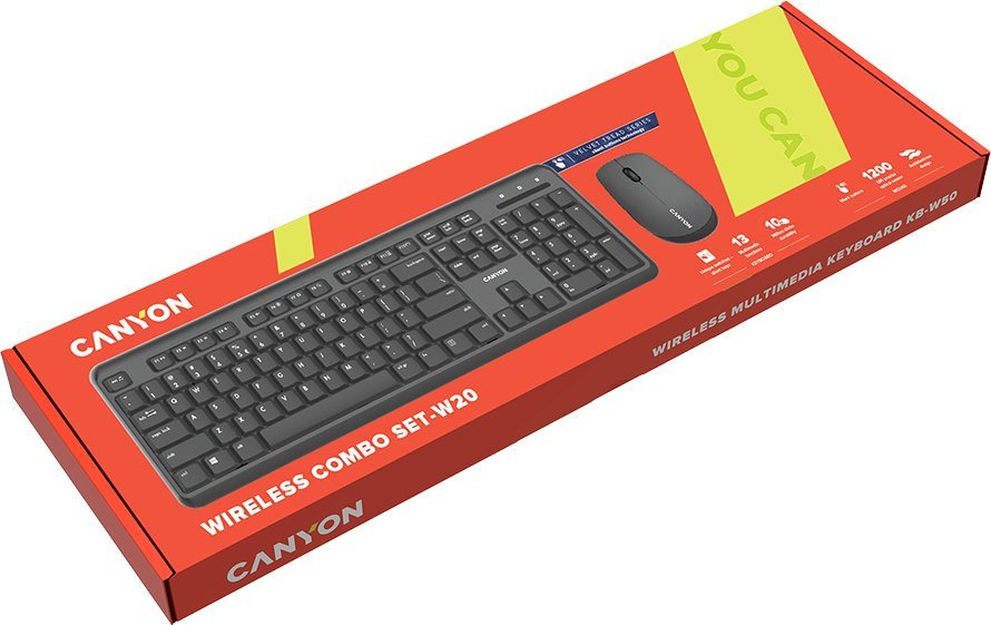 Set tastierë dhe maus CANYON SET-W20 Velvet, wireless, UK US, i zi