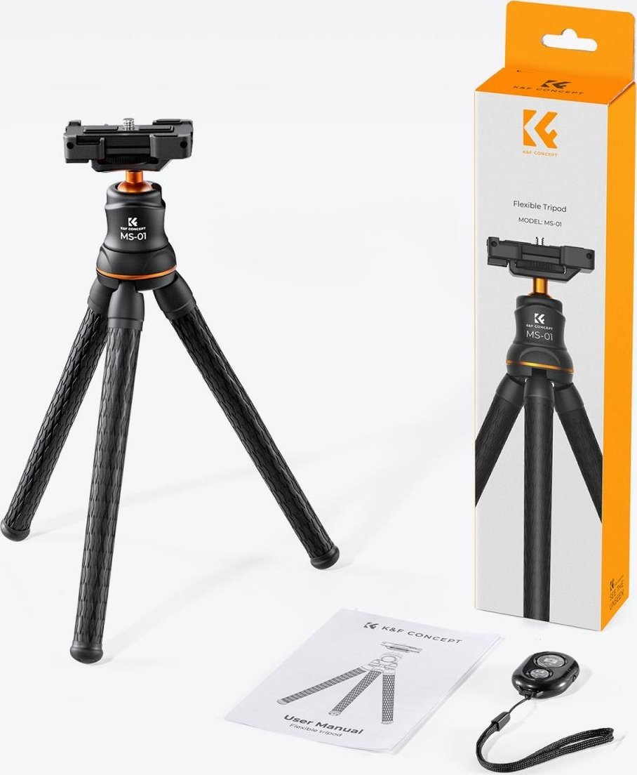 Tripod për telefon dhe kamera K&amp;F Concept Versatile Mini, këmbë fleksibile, me telekomandë Bluetooth, i zi