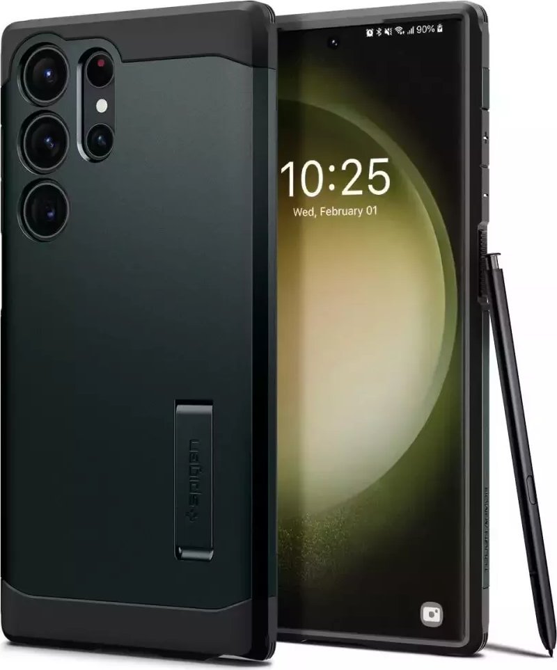 Mbulesë telefoni Spigen Tough Armor, për Samsung Galaxy S23 Ultra, me mbajtëse, jeshile