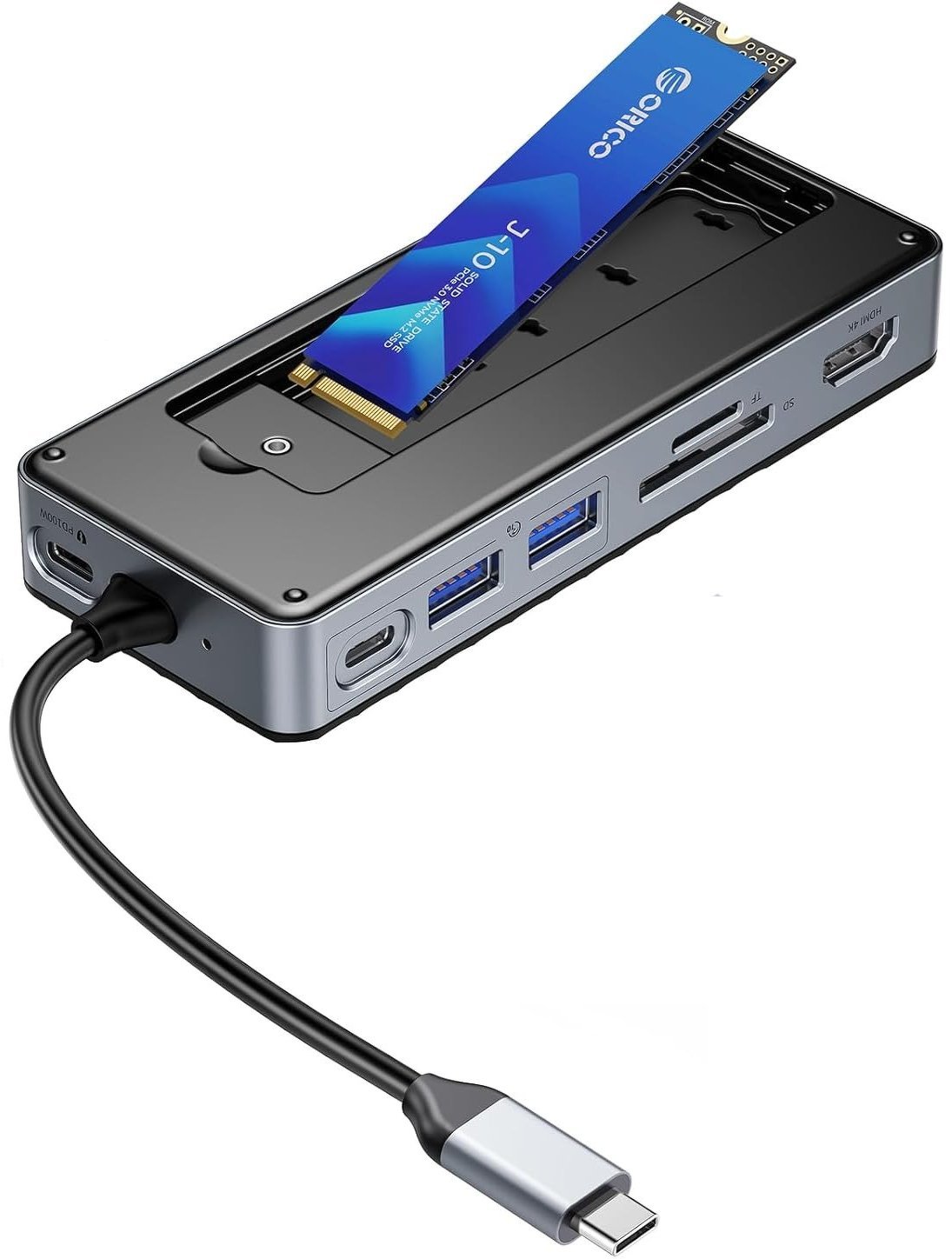 Hub USB C ORICO me SSD M.2 NVME SATA, 4K 60Hz HDMI, 10Gbps, 100W PD, gri