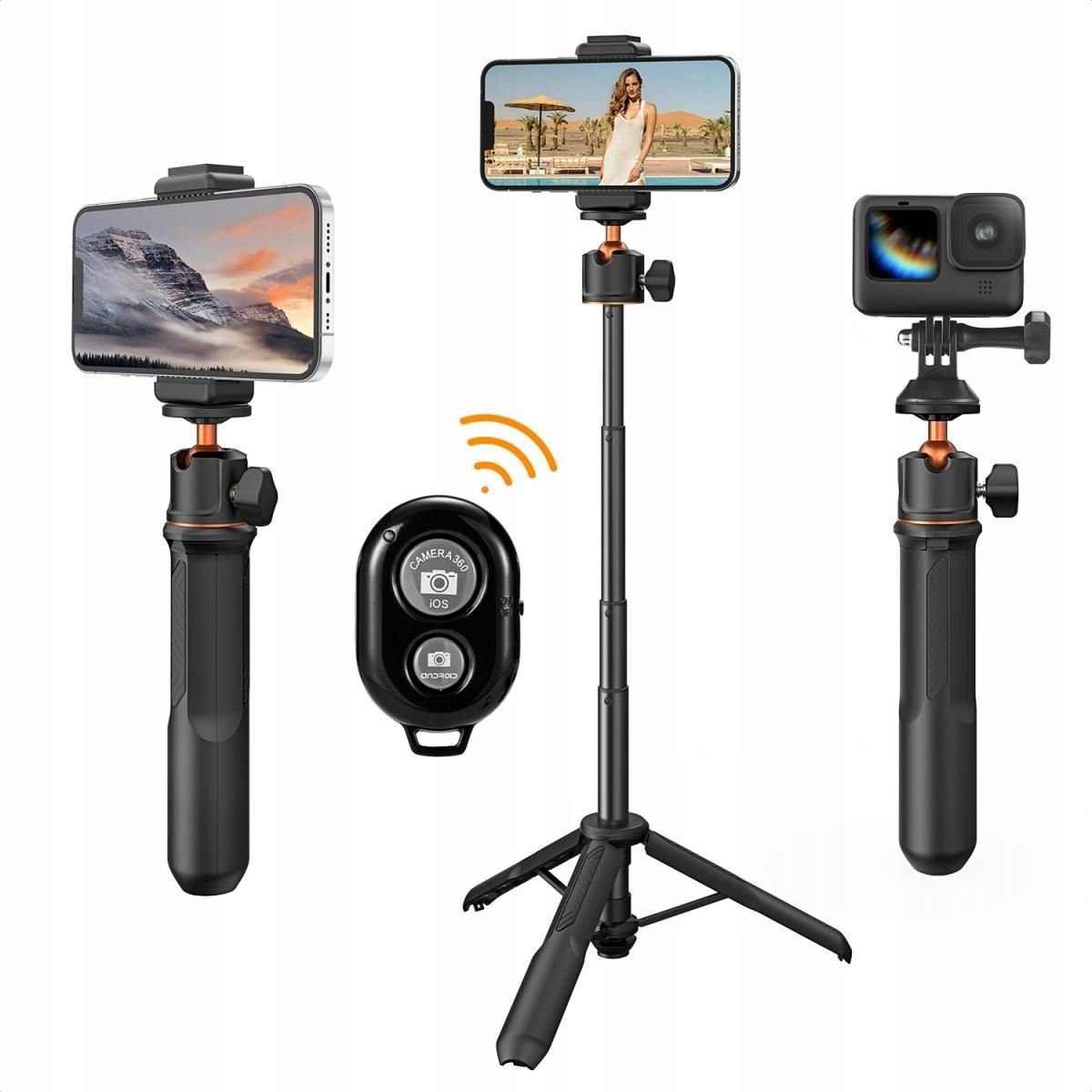 Shkop selfie tripod K&amp;F Concept 60cm, me telekomandë Bluetooth, për telefon dhe GoPro, i zi