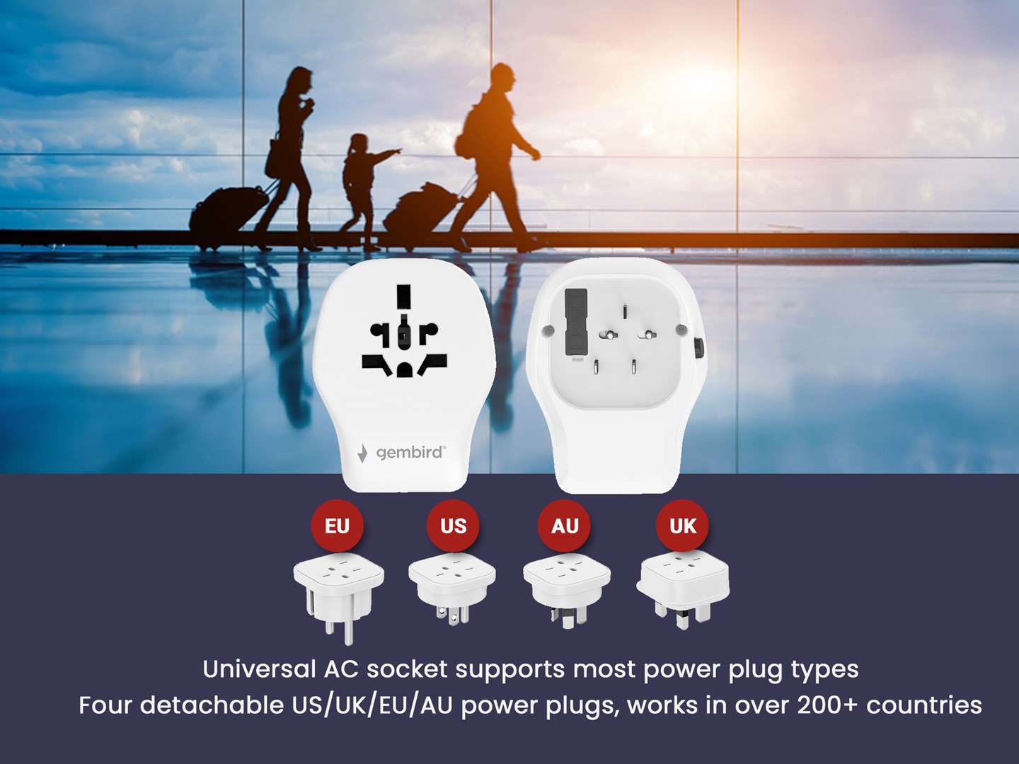 Përshtatës universal udhëtimi Gembird UPA‑CH3P65‑01, 20W, 2x USB C PD, 1x USB A QC 3.0, i bardhë