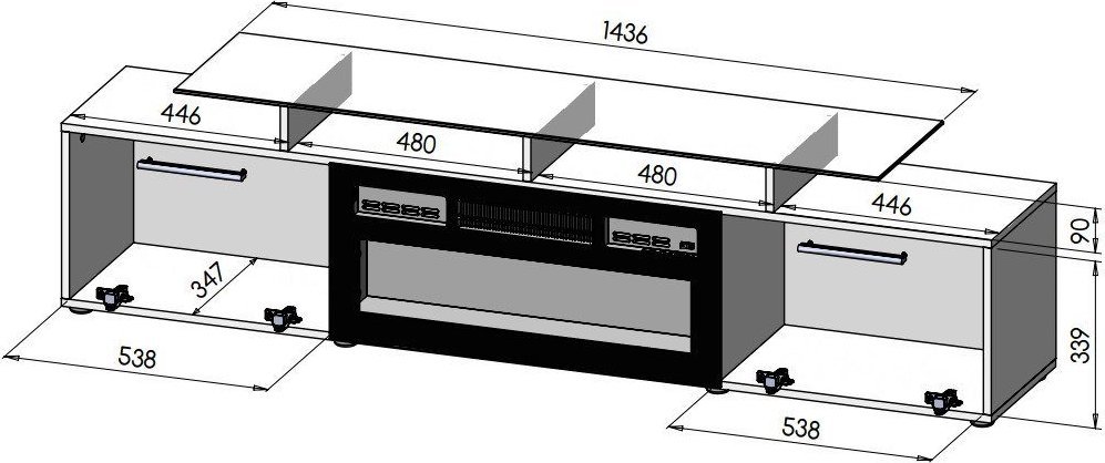 Komodinë TV Rova, oxhak elektrik, 190x37x48 cm, e zezë