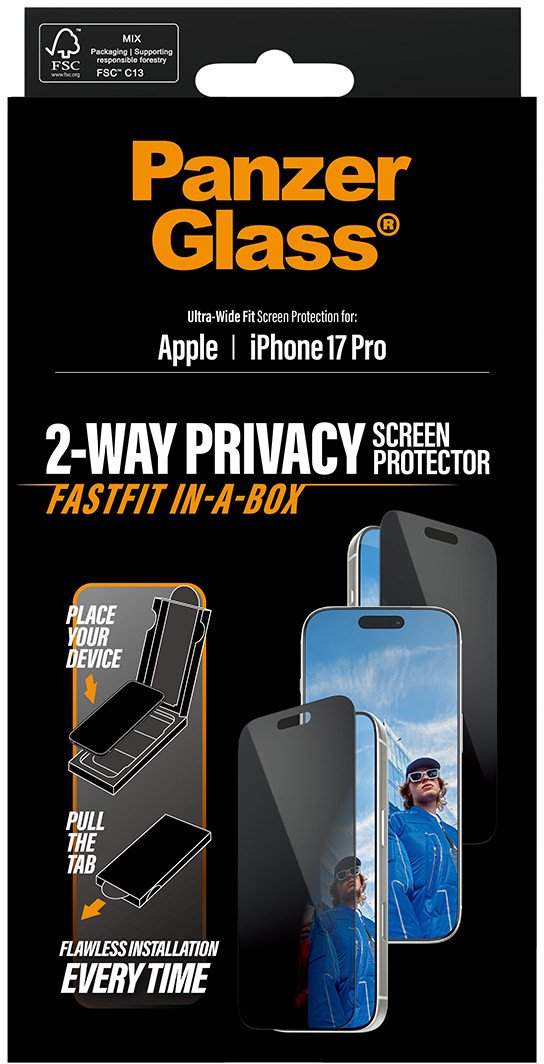 Mbrojtëse ekrani PanzerGlass Privacy, për iPhone 17 Pro, Ultra Wide Fit, me kornizë të zezë