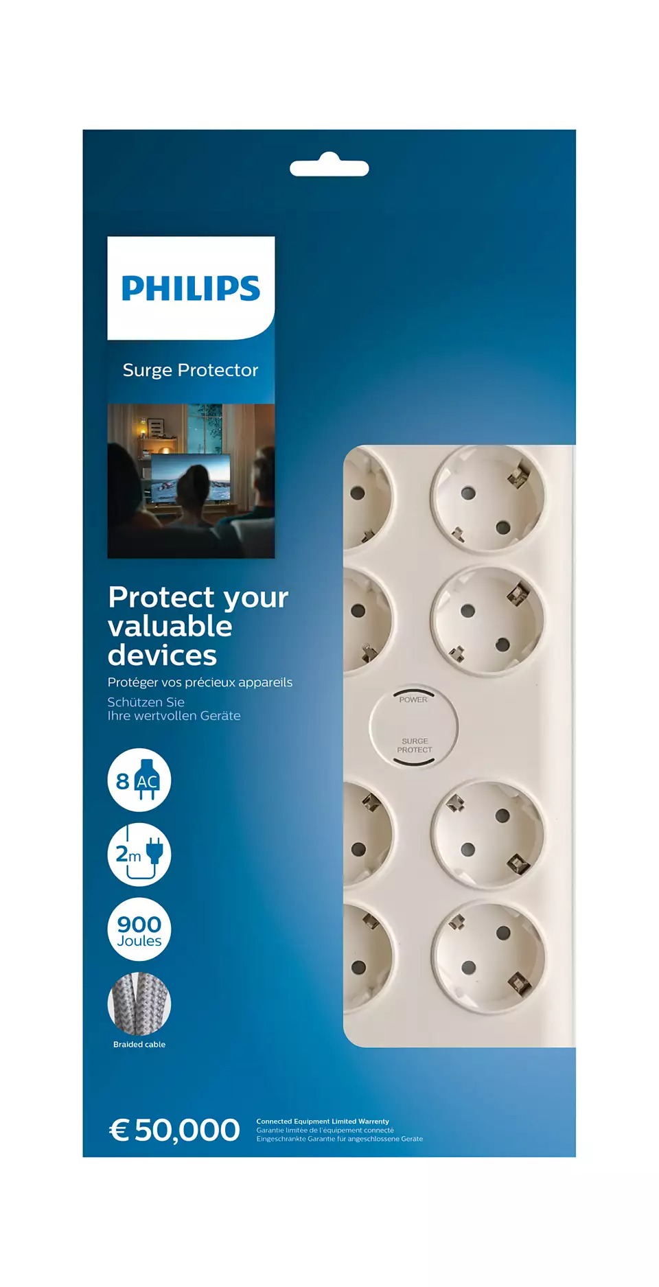 Kabllo vazhduese Philips SPN7080WA/58, surge protection, 8 dalje, 2m, e bardhë