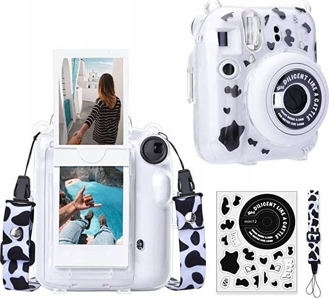 Kuti mbrojtëse LoveInstant për Fujifilm Instax Mini 12, transparente, me ngjitëse Little Cow, shumëngjyrëshe
