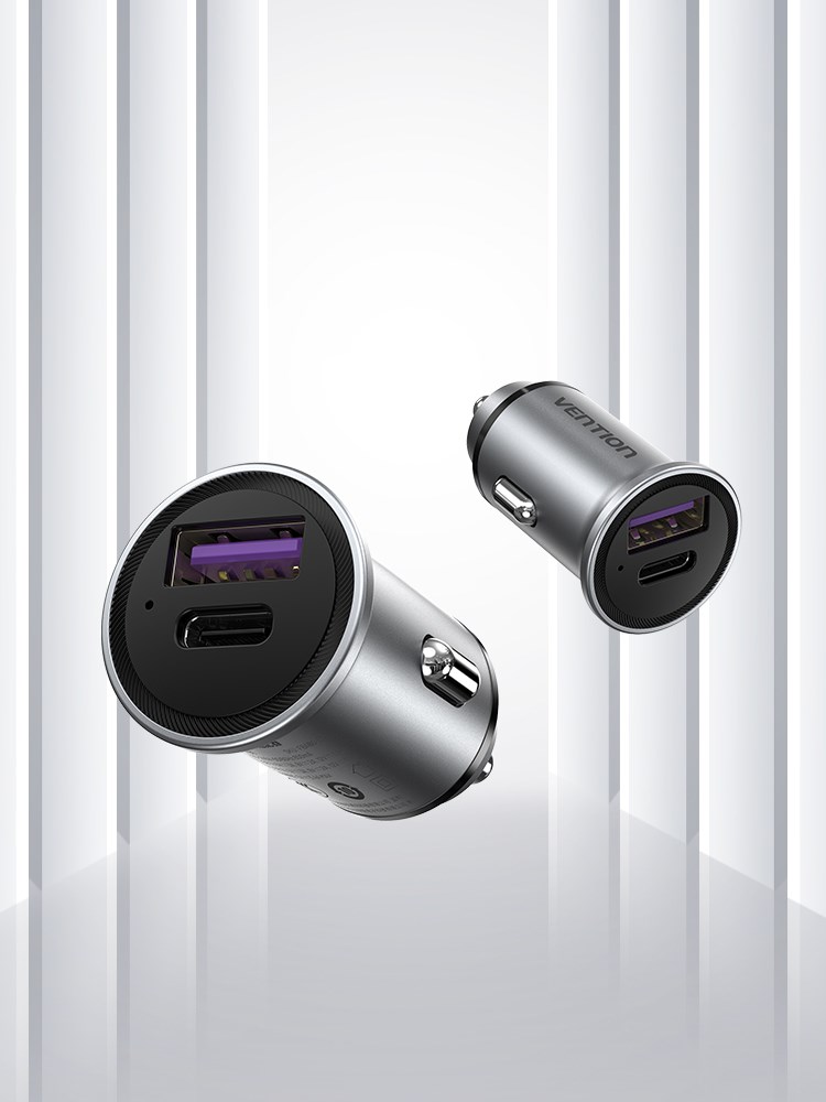 Karikues veture Vention Two Port USB A C, 60W, metal, gri