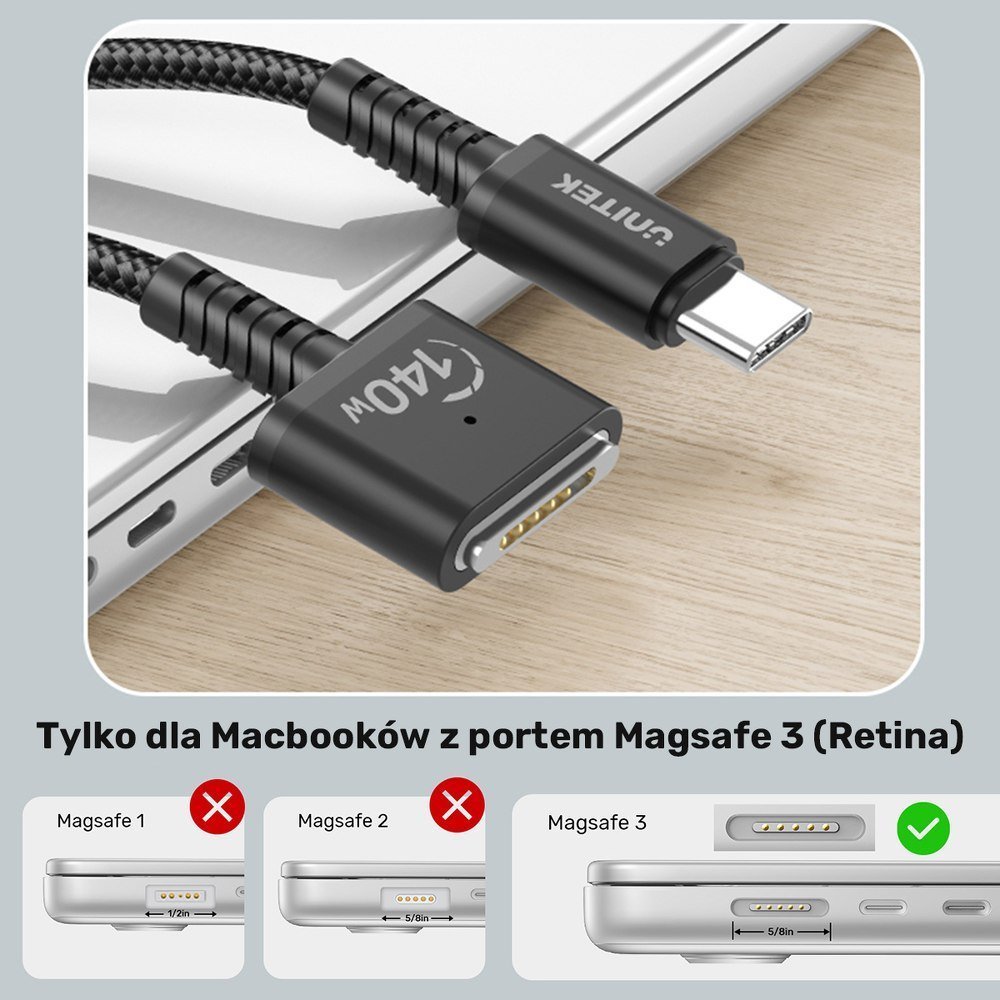 Kabllo USB C Unitek C14121BK, MagSafe, 2m, 140W, i zi