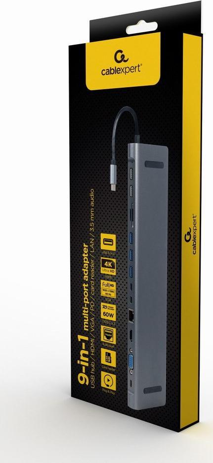 Docking station Cablexpert A-CM-COMBO9-01, USB-C 8 në 1, HDMI VGA LAN, gri