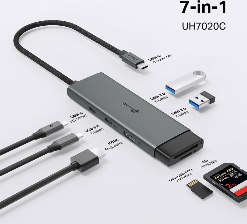Hub USB C TP-Link UH7020C, 7 porta, HDMI 4K, gri