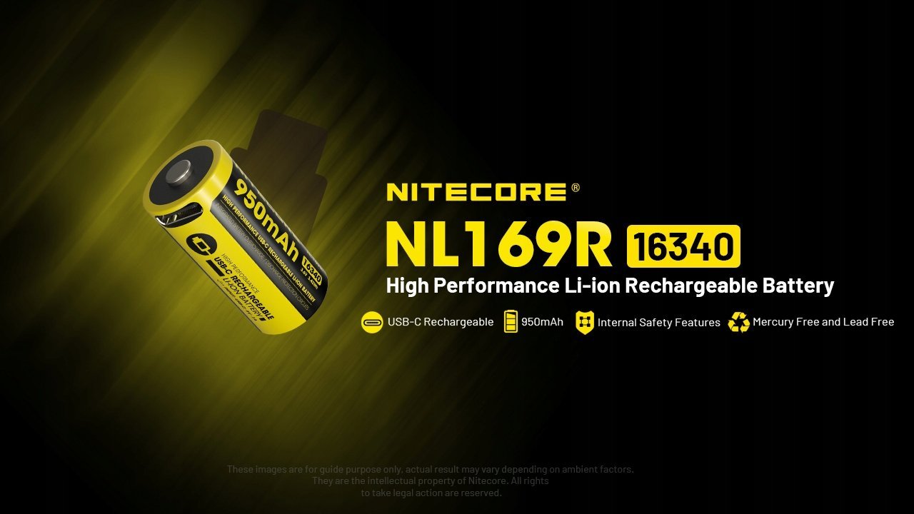 Bateri rikarikueshme Nitecore NL169R 16340, 950mAh, USB C, e verdhë