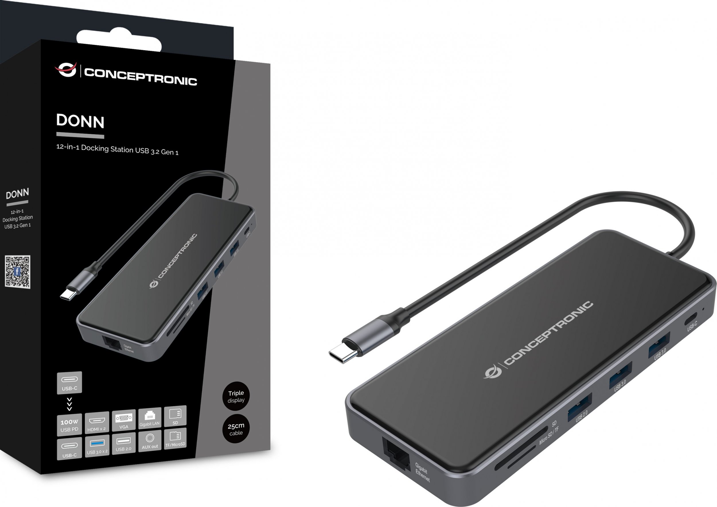 Docking station Conceptronic DONN15G, USB C, 12 në 1, gri