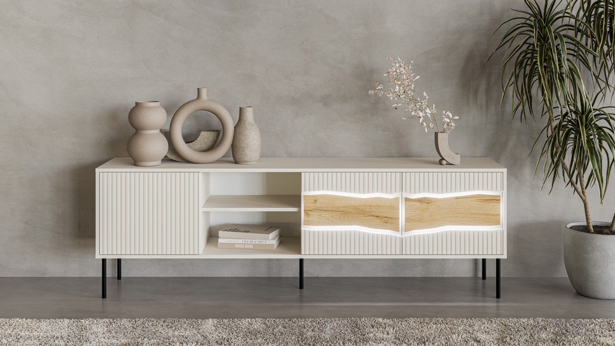 Kabinet TV Cama Meble FELLINI 3D1W, 190x40x61.5 cm, me LED, ngjyrë cashmere
