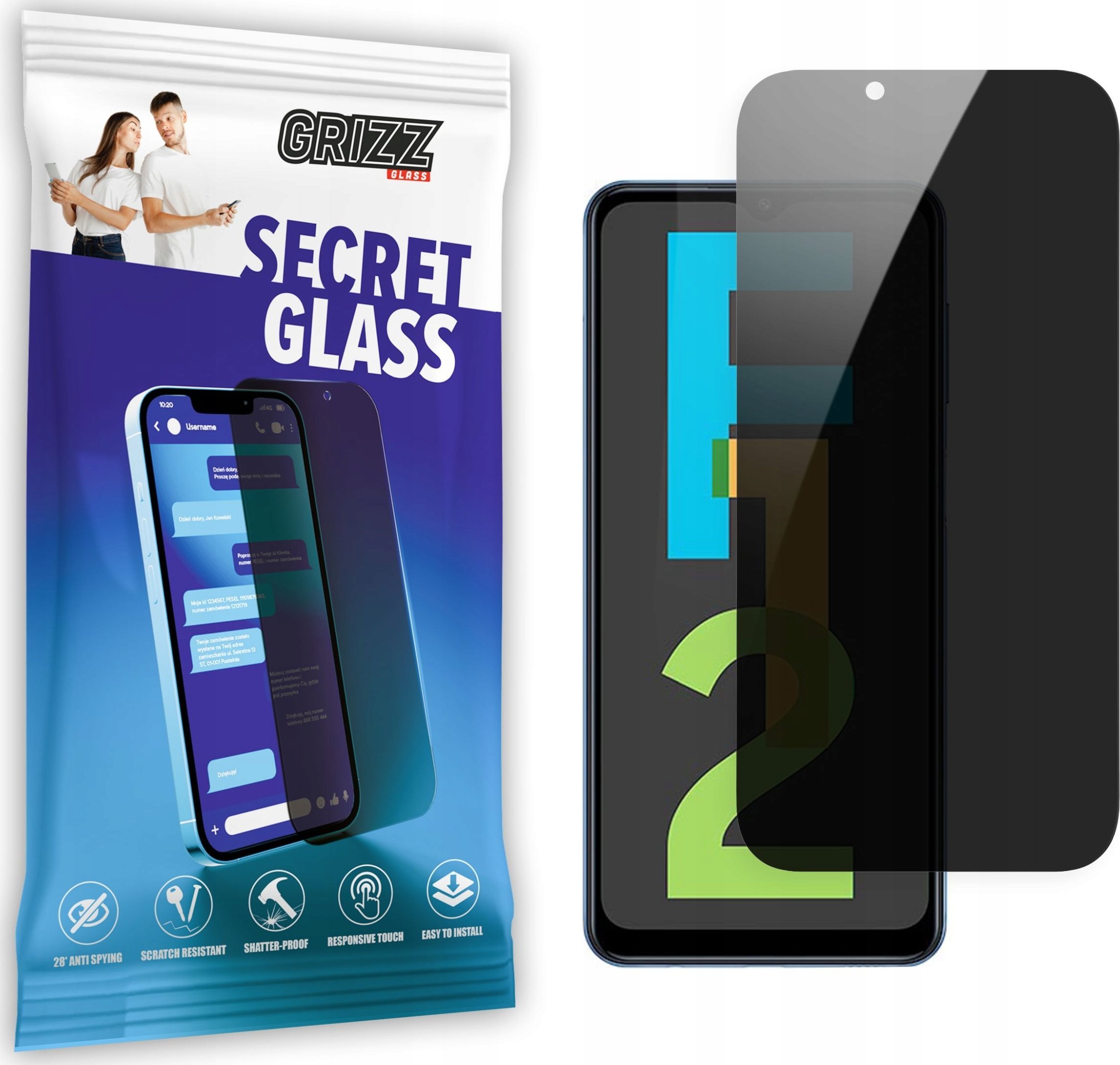Xham mbrojtës me privatësi Grizz SecretGlass për Samsung Galaxy F12, rezistent ndaj goditjeve, prerje precize, transparent