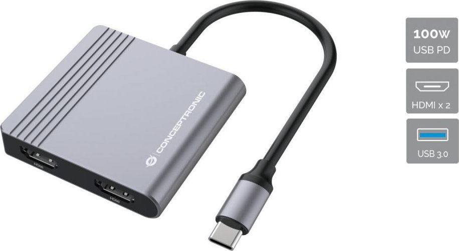 Docking station Conceptronic DONN13G, 2x HDMI, USB 3.2, gri
