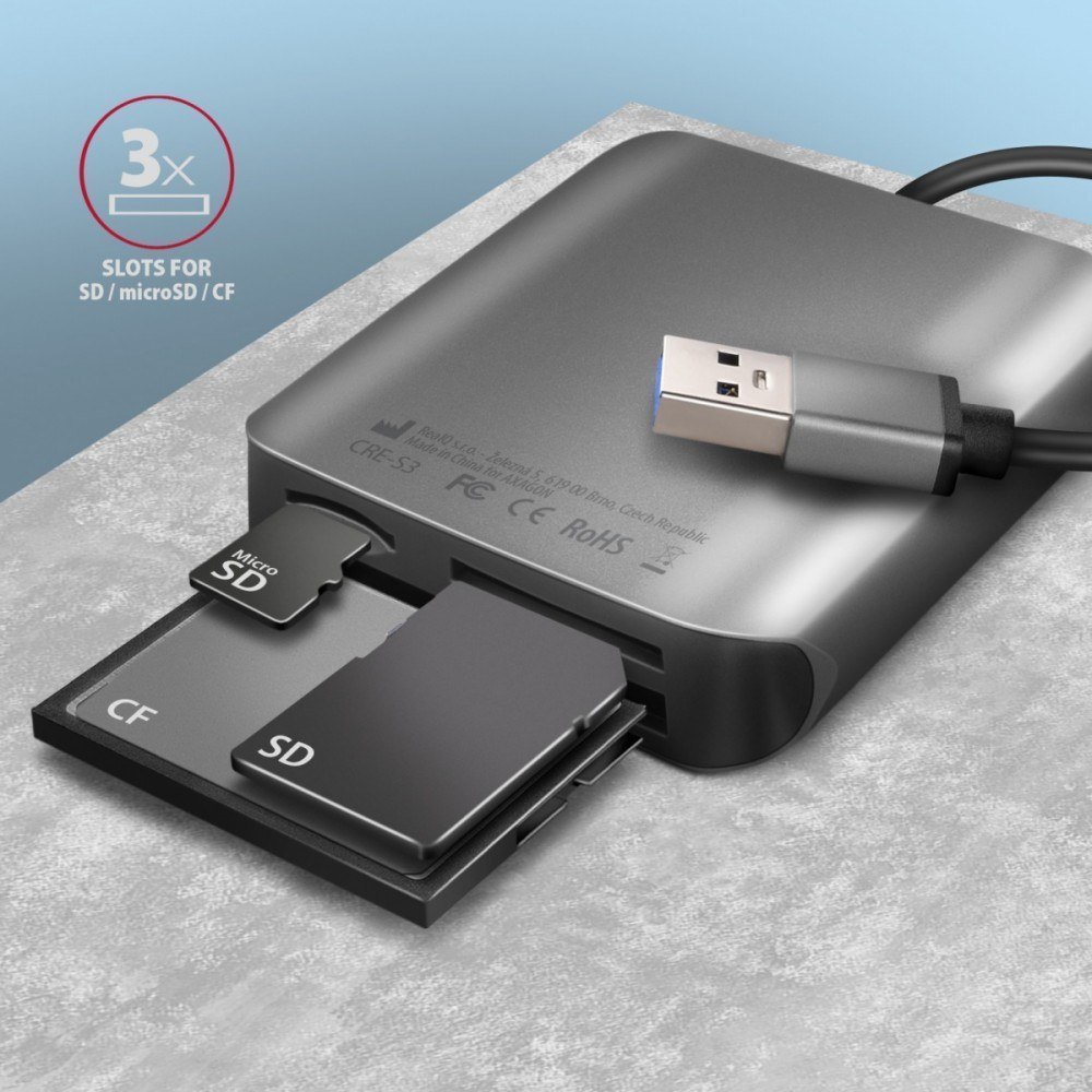 Lexues kartash Axagon CRE-S3, USB-A 3.2 Gen 1, 3 slote SD microSD CF, gri