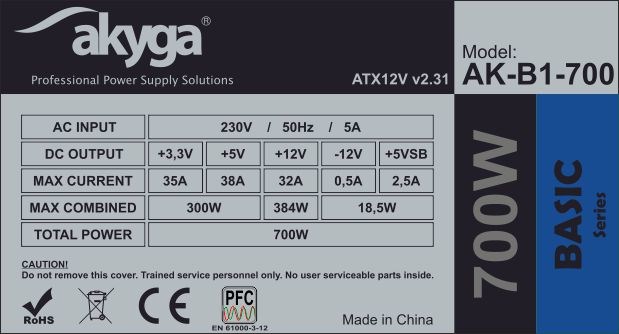 Burim energjie Akyga AK-B1-700, 20+4 pin ATX, 700 W