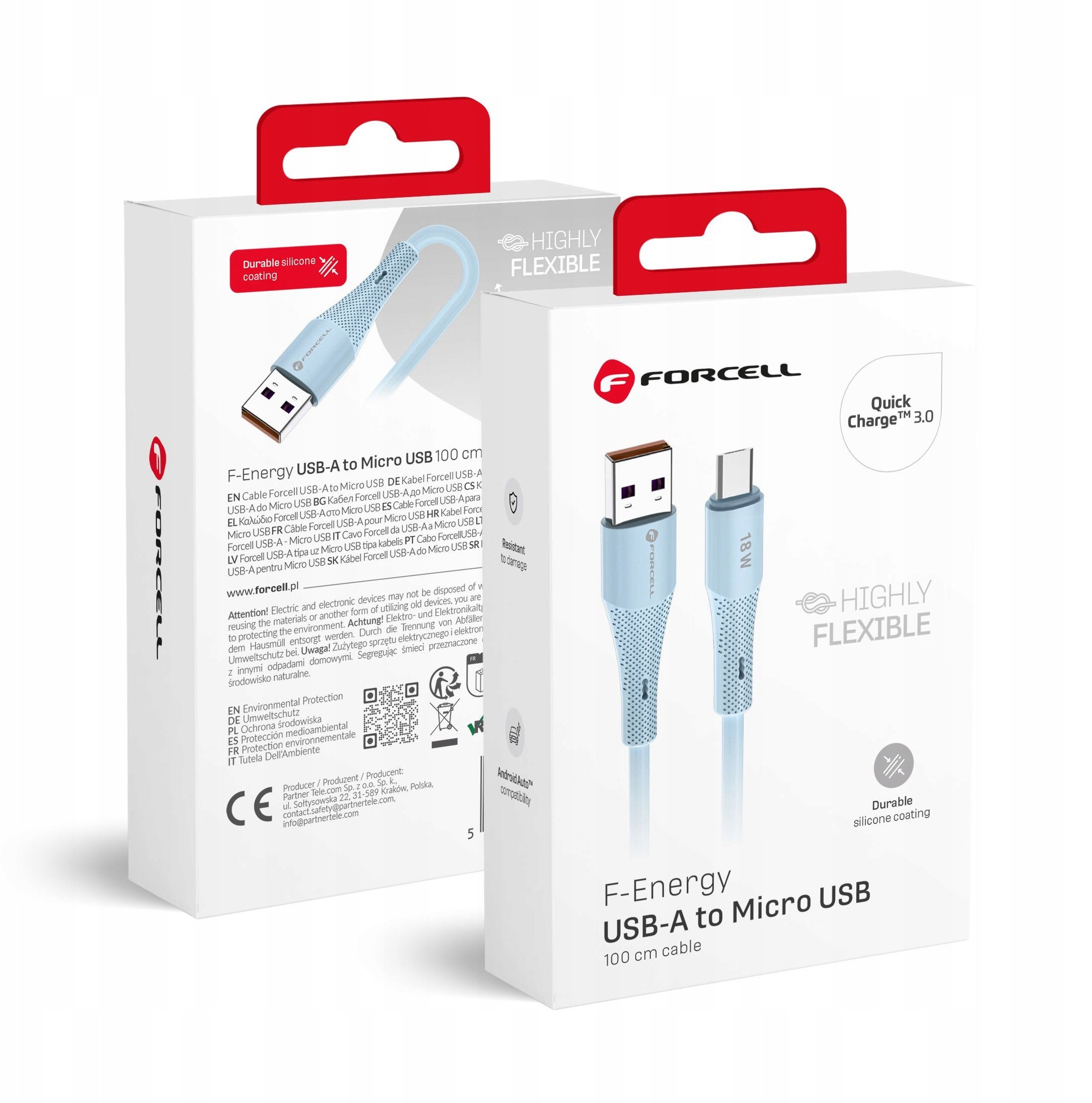 Kabllo USB Forcell F ENERGY C341, USB A në Micro USB, 1 m, 18W, blu
