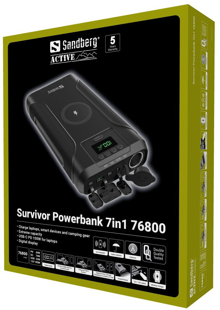 Powerbank Sandberg Survivor 7in1, 76800 mAh, USB-C PD 100W, IPX4, i zi