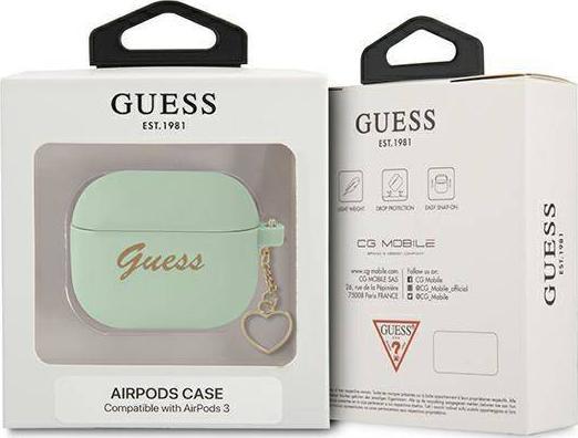 Kuti mbrojtëse Guess Silicone Charm Heart Collection për AirPods 3, silikon, me varëse dekorative, e gjelbër